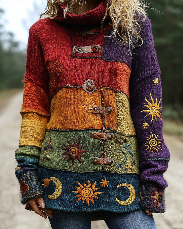 Women's star and moon embroidered contrasting color stitching high-neck long-sleeved top b3f6