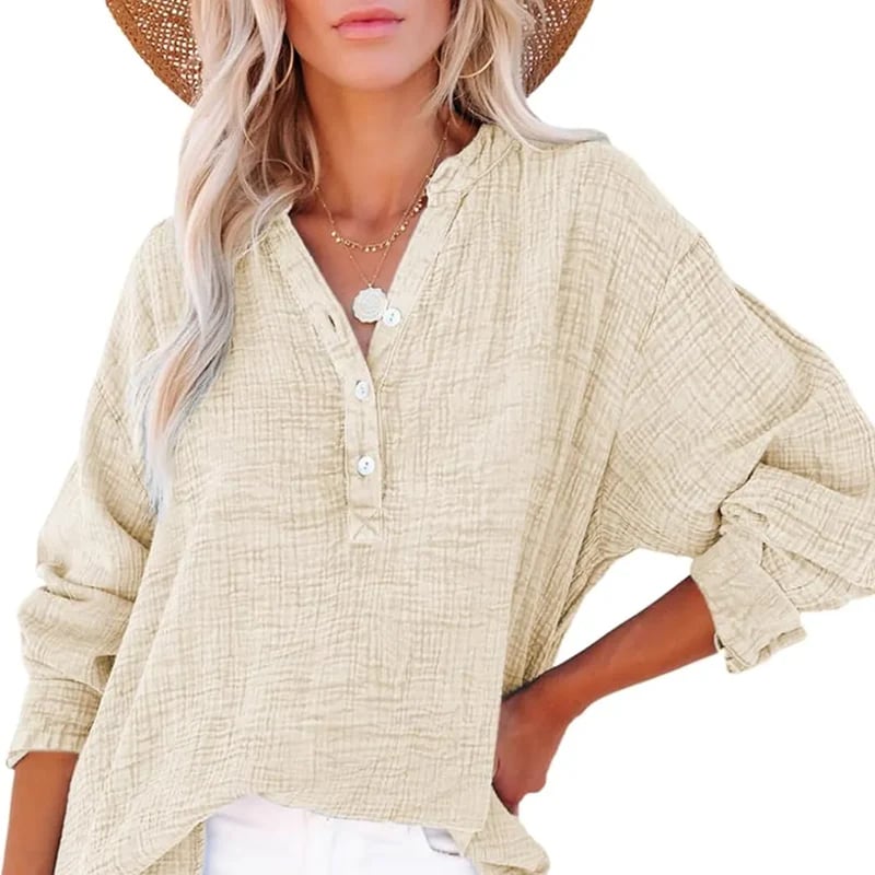🔥Hot Sale 49%💖Women’s Casual Gauze Button Neck Long Sleeve Blouse