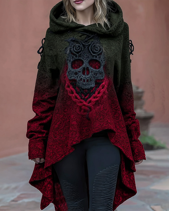 Women's skull embroidered irregular hem hooded sweatshirt 7b03