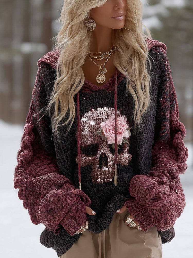 Women's Vintage Skull And Rose Color Block Art Knit Hooded Sweater e520