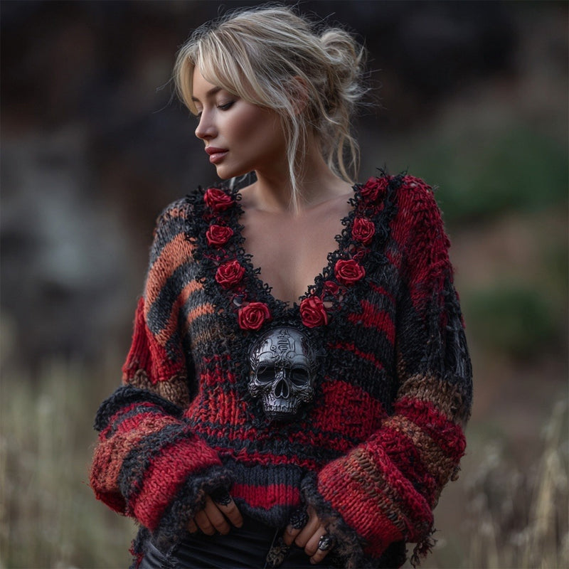 Vintage Skull & Roses Embroidered V Neck Cozy Knit Sweater 45e3