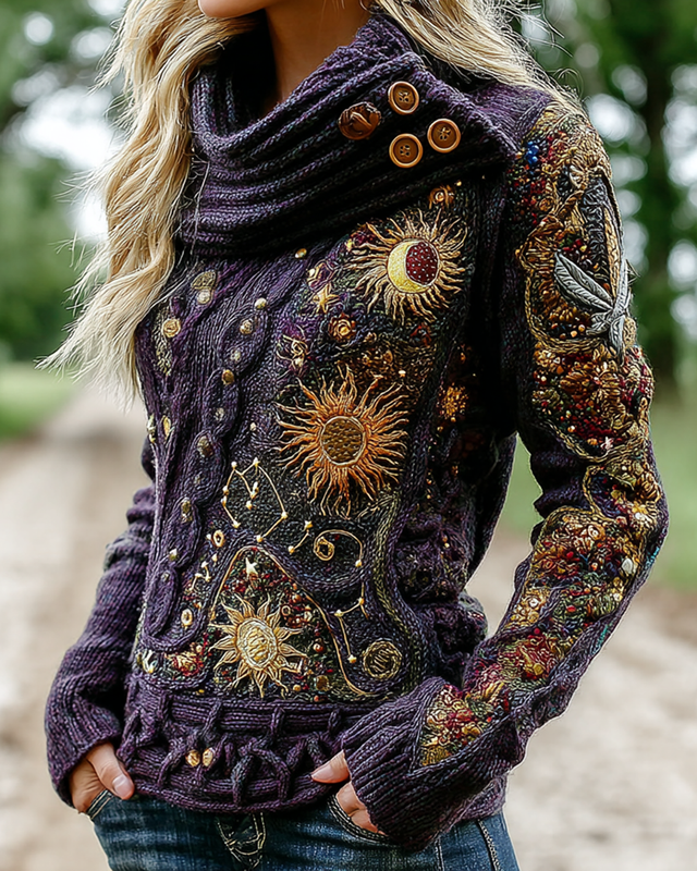 Women's star and moon embroidered contrasting color stitching knitted top 58cd