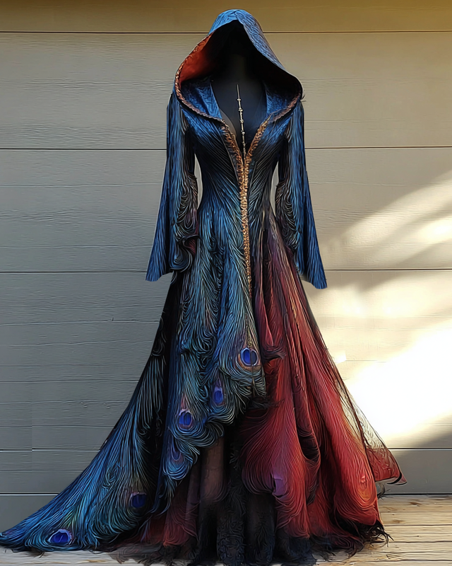 Halloween Peacock Feather Embroidery Lace Stitching Halloween Cape Dress 6857