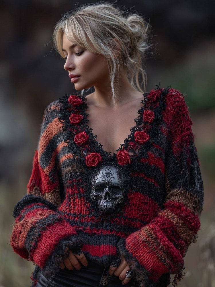 Vintage Skull & Roses Embroidered V Neck Cozy Knit Sweater 45e3