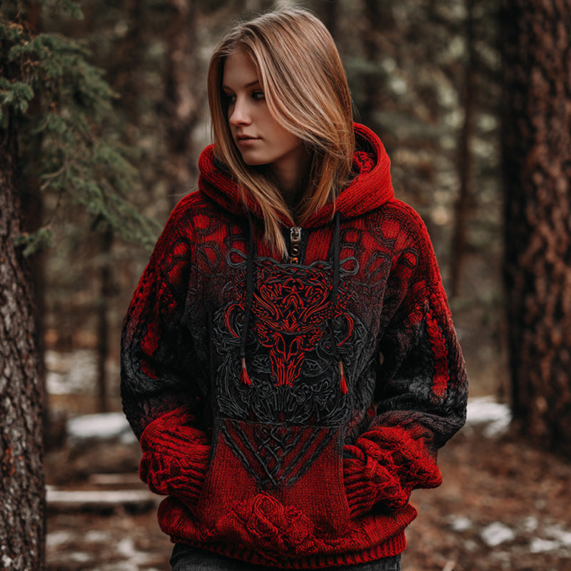 Women's Vintage Viking Tribal Celtic Skull Gradient Art Chunky Knit Hooded Sweater df3c