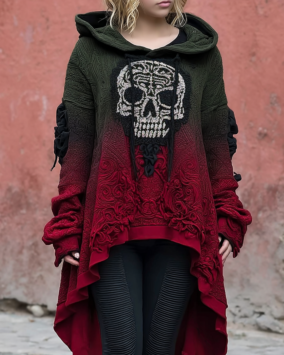 Women's Skull Embroidered Irregular Hem Knitted Hooded Sweatshirt 6694