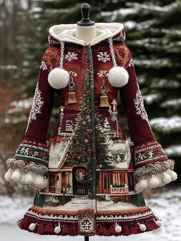CHRISTMAS THEMED ELEGANT CONTRAST COLOR KNITTED HOODED DRESS 8e01