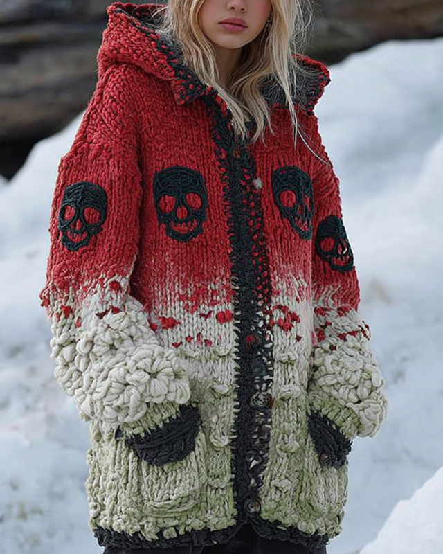 Halloween Themed Gradient Skull Embroidered Knitted Hooded Cardigan d8e7