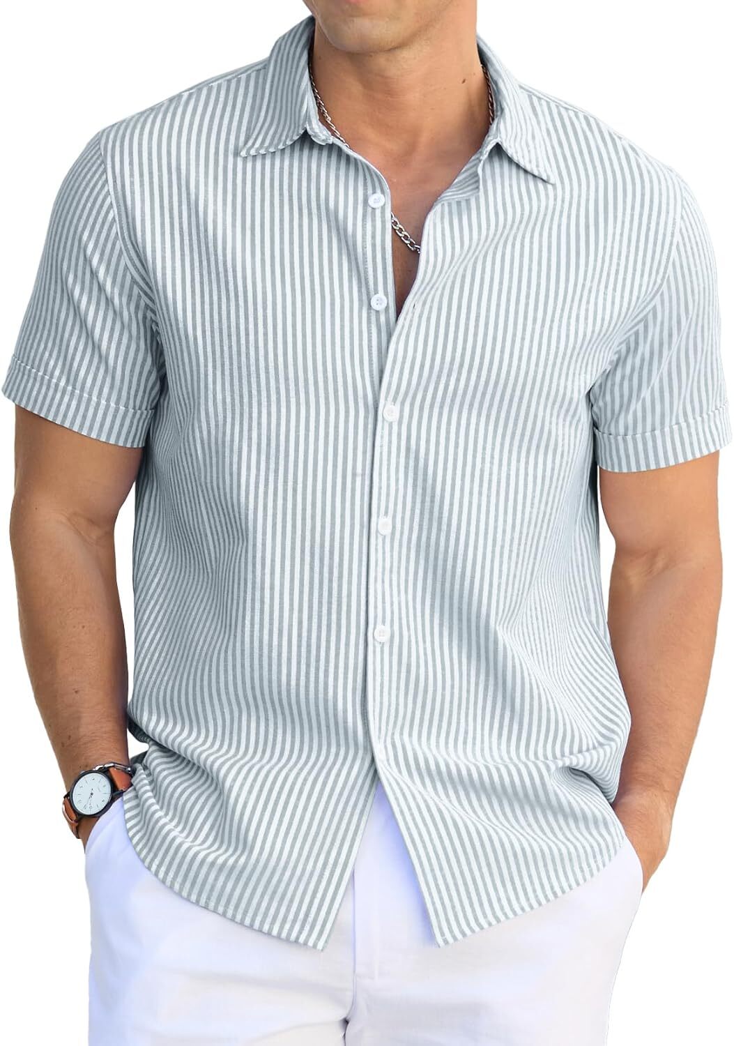 Men's Casual Button Down Shirts Short Sleeve Striped Cotton Beach Summer Vacation Shirt