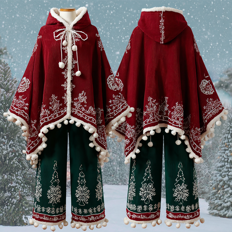 CHRISTMAS THEMED ELEGANT CONTRAST COLOR KNITTED HOODED CLOAK+PANTS SET 4c2f