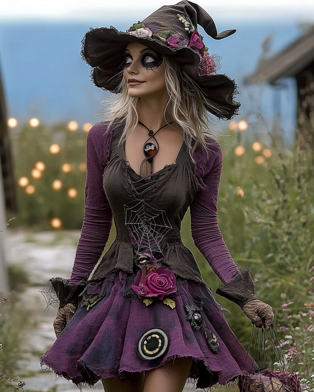 Halloween Themed Contrasting Color Patchwork Ruffle Witch Dress  da97