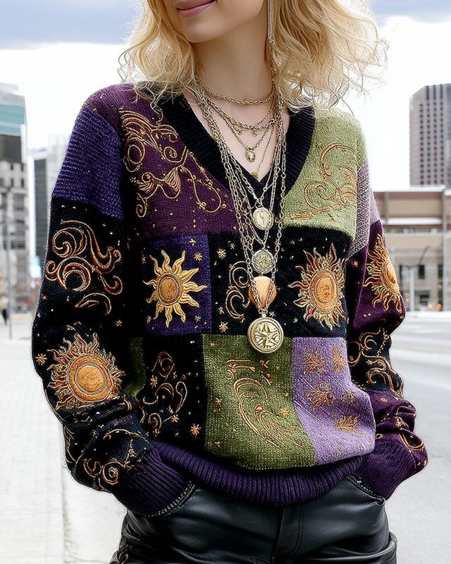 Women's Star and Moon Embroidery Knitted Sweater with Contrast Stitching 843d