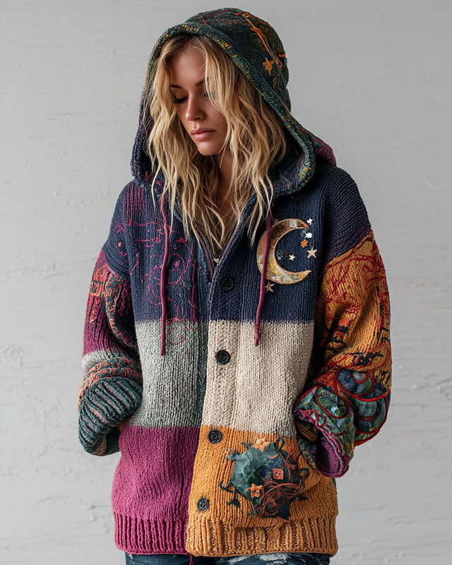 AUTUMN AND WINTER STAR AND MOON LONG-SLEEVED CONTRASTING COLOR HOODED JACKET 61e4