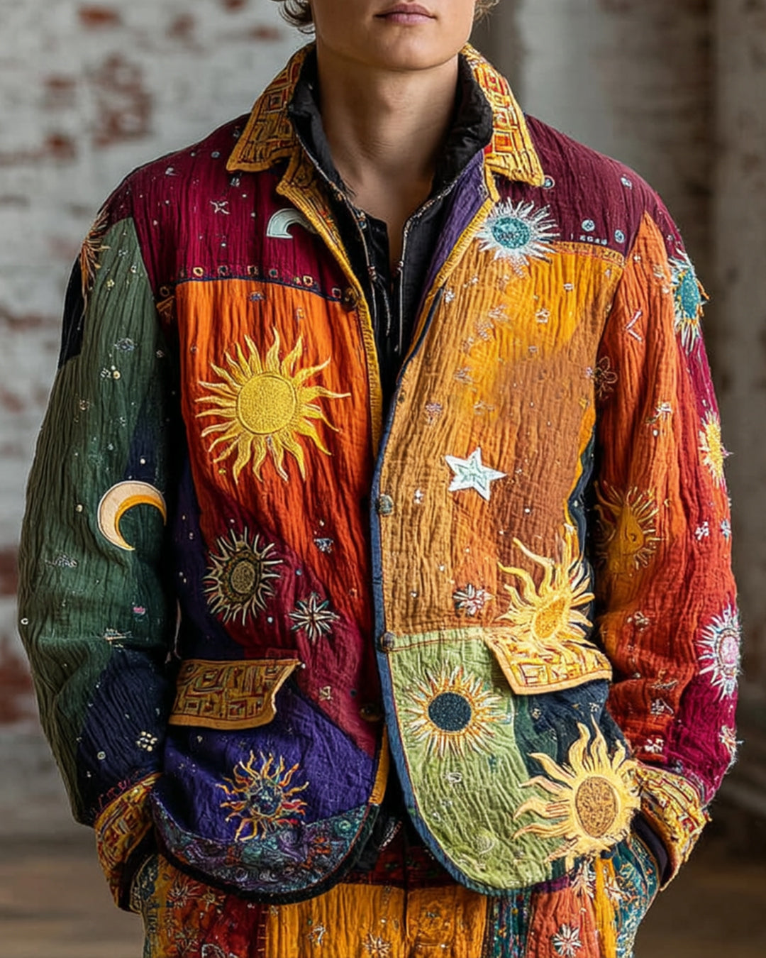 Men's Summer Vacation Star and Moon Embroidery Rainbow Contrast Long Sleeve Shirt  0215