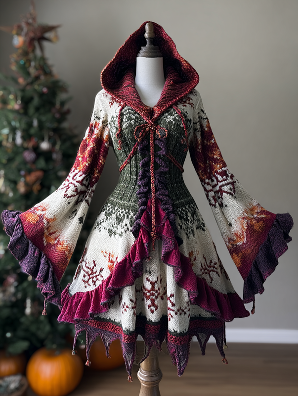 Women's Christmas Contrast Hooded Cape Dress 3da5