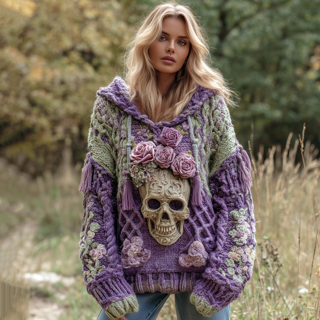 Women's Rose And Skull Inspired Knit Hooded Sweater 3181