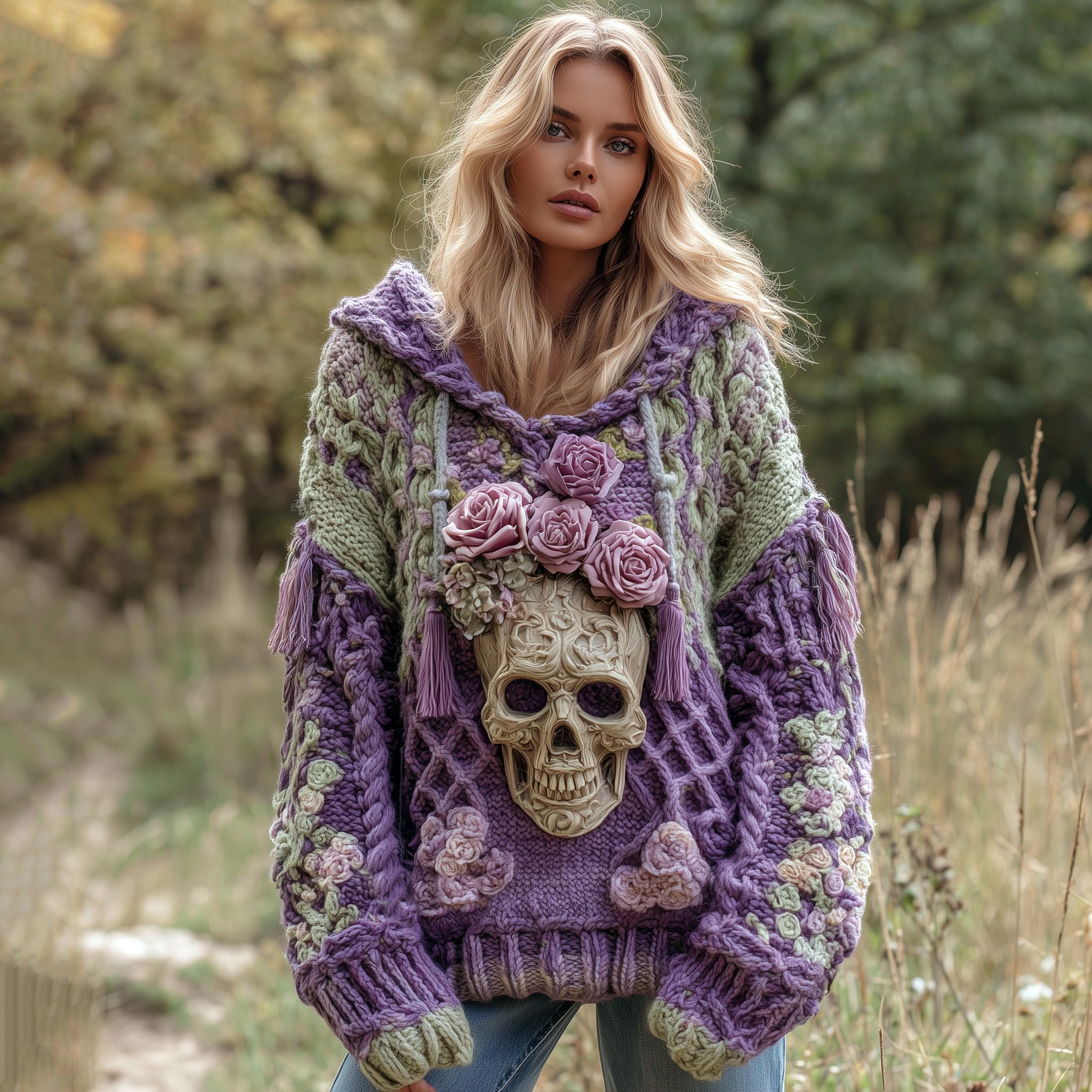 Women's Rose And Skull Inspired Knit Hooded Sweater 3181