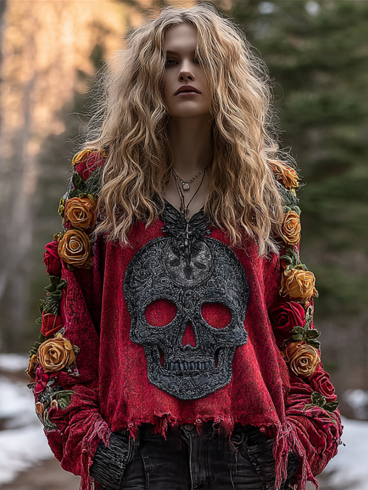 Women's Vintage Skull-print Distressed V-neck Top eed3