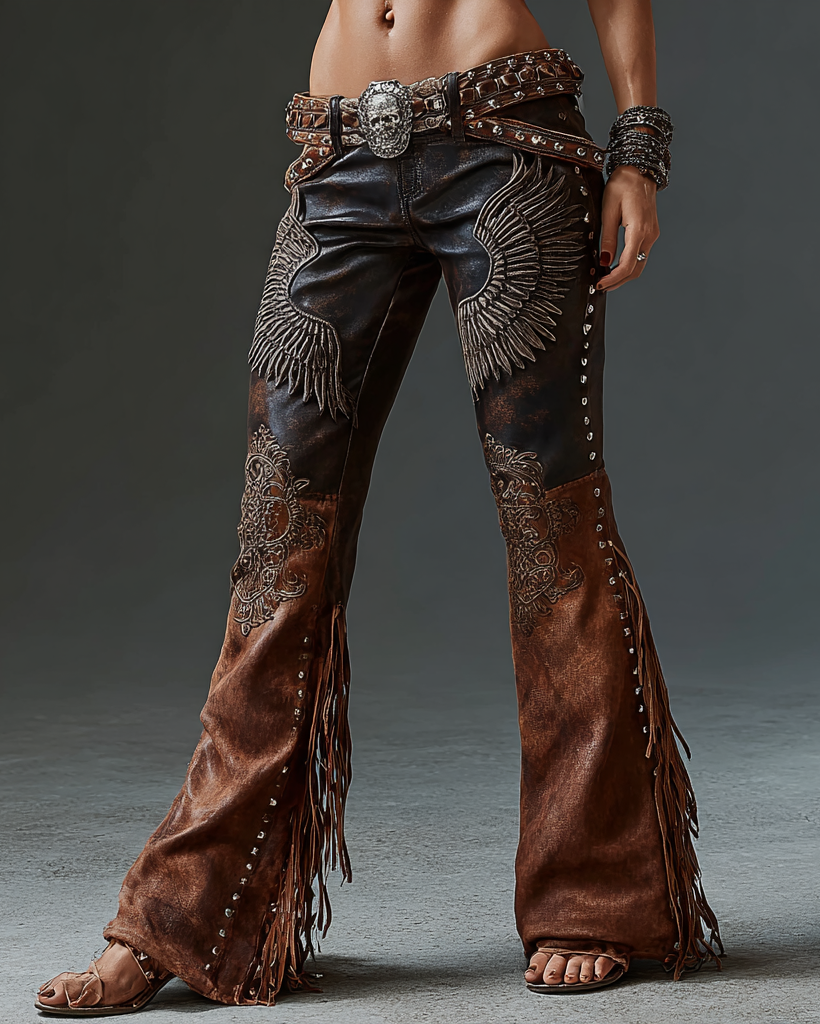 Women's wing embroidery contrast color stitching rivet leather pants 0243