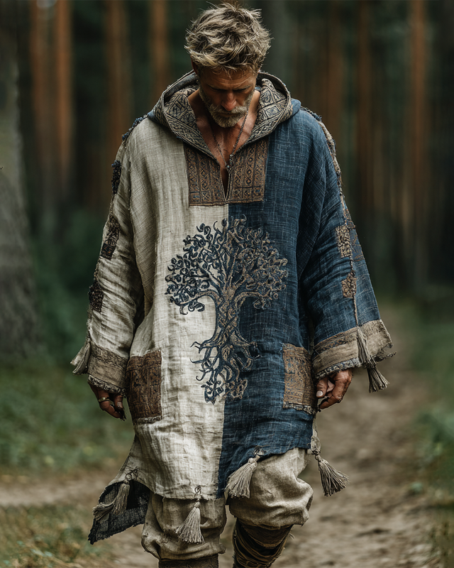 Men's Holiday Viking Themed Tree of Life Stereo Embroidery Contrast Color Casual Linen Hooded Kaftan 0255