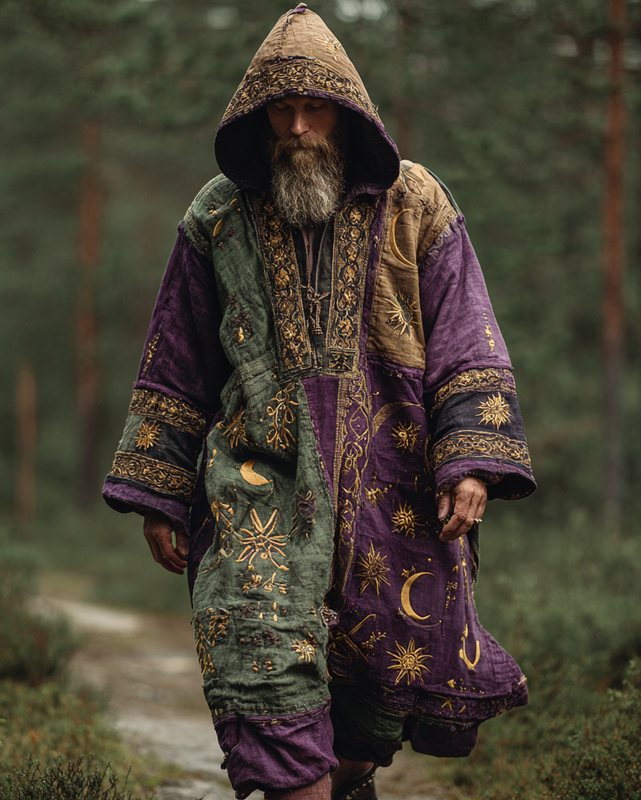 Men's Summer Vacation Stars and Moon 3D Embroidery Casual Linen Stitching hooded kaftan 36ea