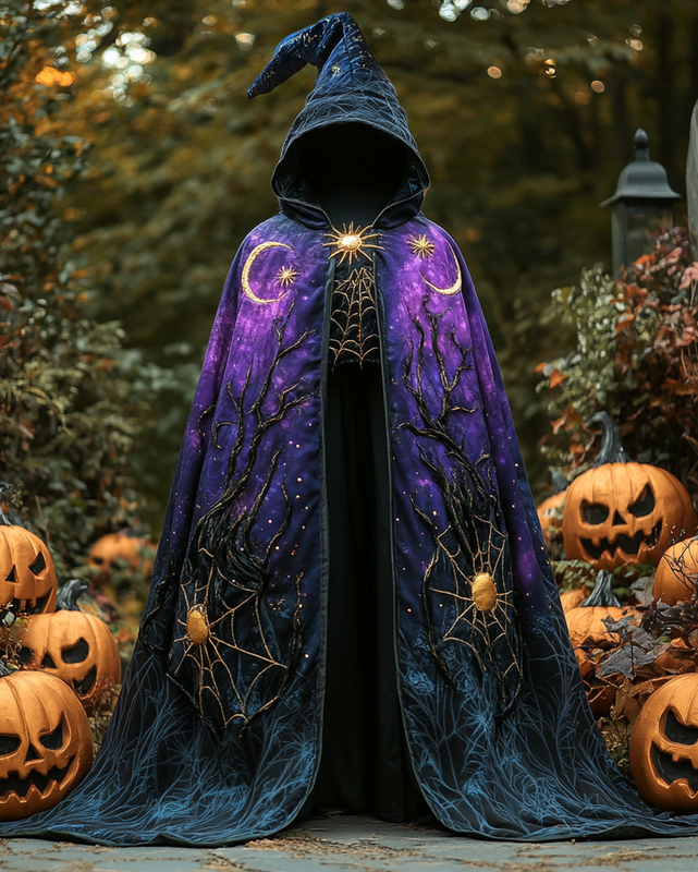 Star, Moon and Spider Web Embroidered Gradient Cape 6f4f