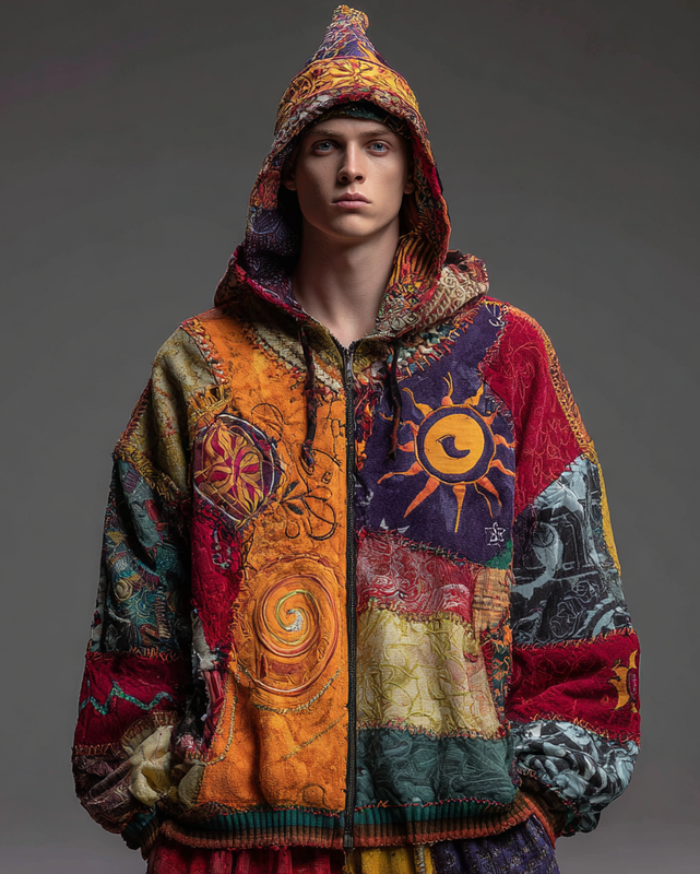 Men's Star and Moon Embroidery Hooded Sweatshirt coat 7250