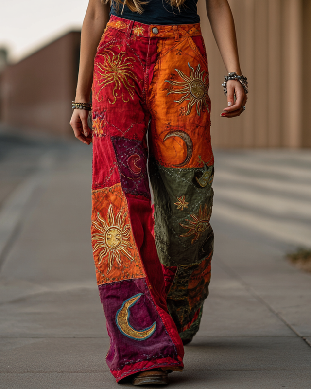 Women's Star and Moon Embroidered Contrast Color Stitching Pants b661