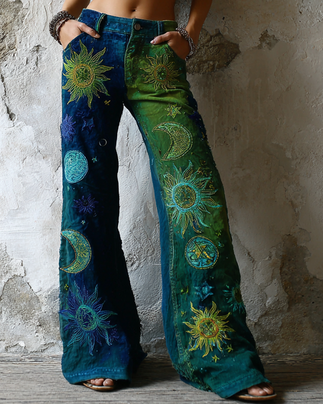 Women's star and moon embroidered gradient tie-dye trousers 2062