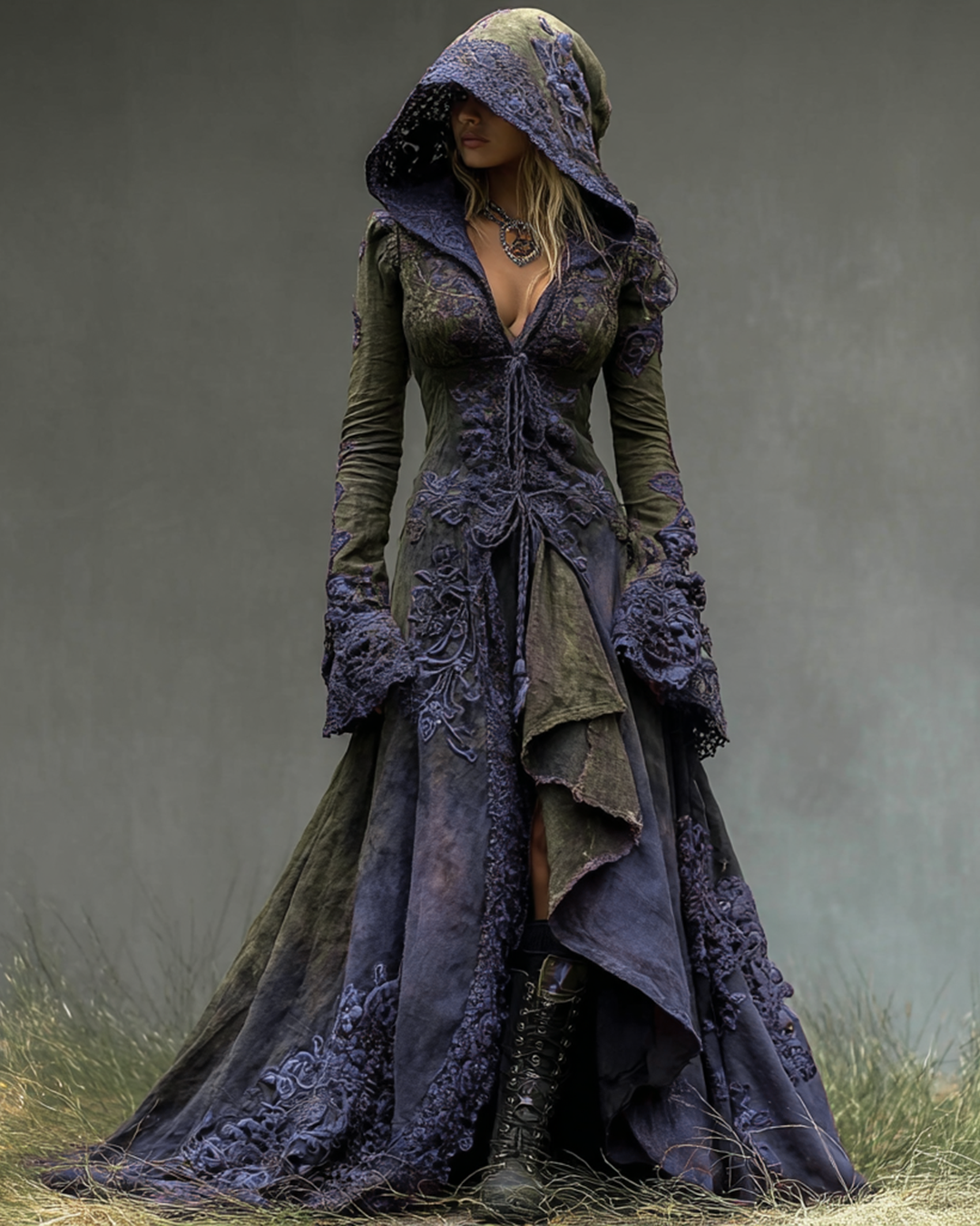 Halloween themed gradient lace patchwork ruffled hooded dress 7acc