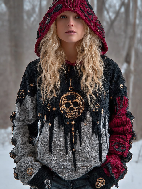 Autumn and Winter Star and Moon Patchwork Hooded Contrast Color Sweatshirt 7971