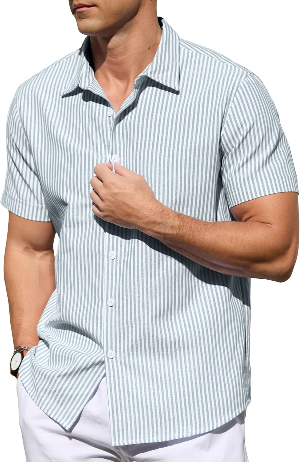 Men's Casual Button Down Shirts Short Sleeve Striped Cotton Beach Summer Vacation Shirt