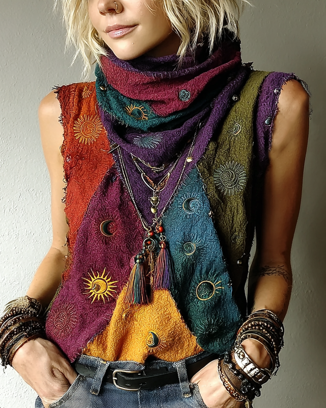 Women's sleeveless top with star and moon embroidery and contrast stitching f687