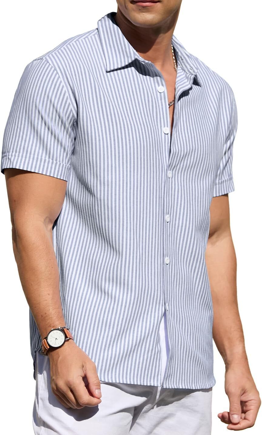 Men's Casual Button Down Shirts Short Sleeve Striped Cotton Beach Summer Vacation Shirt