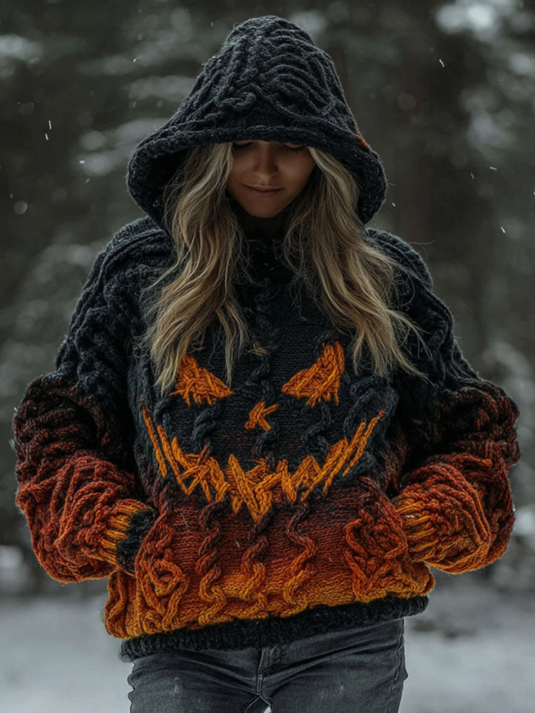 Women's Halloween Spooky Pumpkin Art Gradient Vintage Cozy Knit Hooded Sweater 34ed