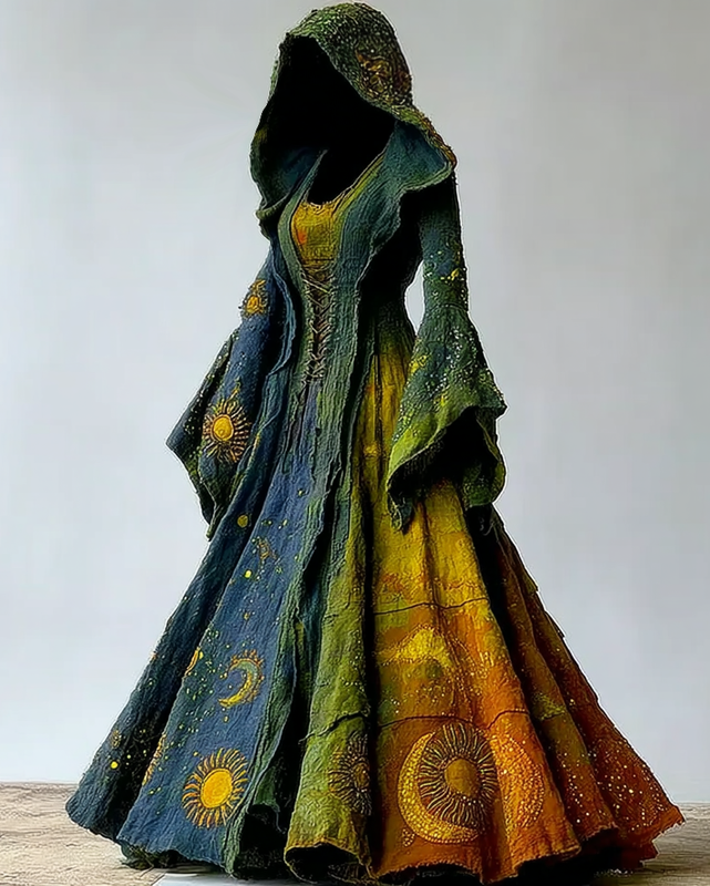 Women's Star and Moon Embroidery Contrast Color Stitching Hooded Dress d1e0