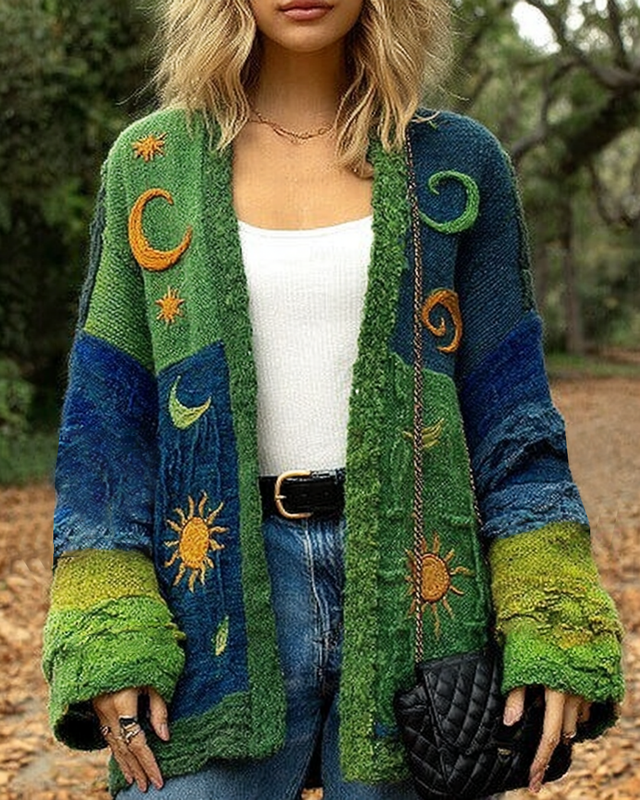 Women's Star and Moon Embroidered Contrast Color Stitching Cardigan 8238