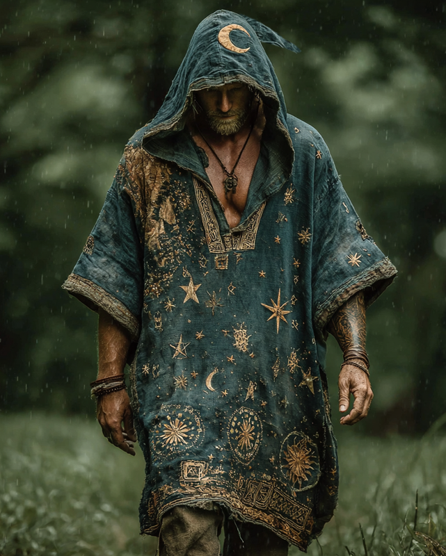 Men's summer vacation star and moon 3D embroidery casual linen hooded kaftan 2487