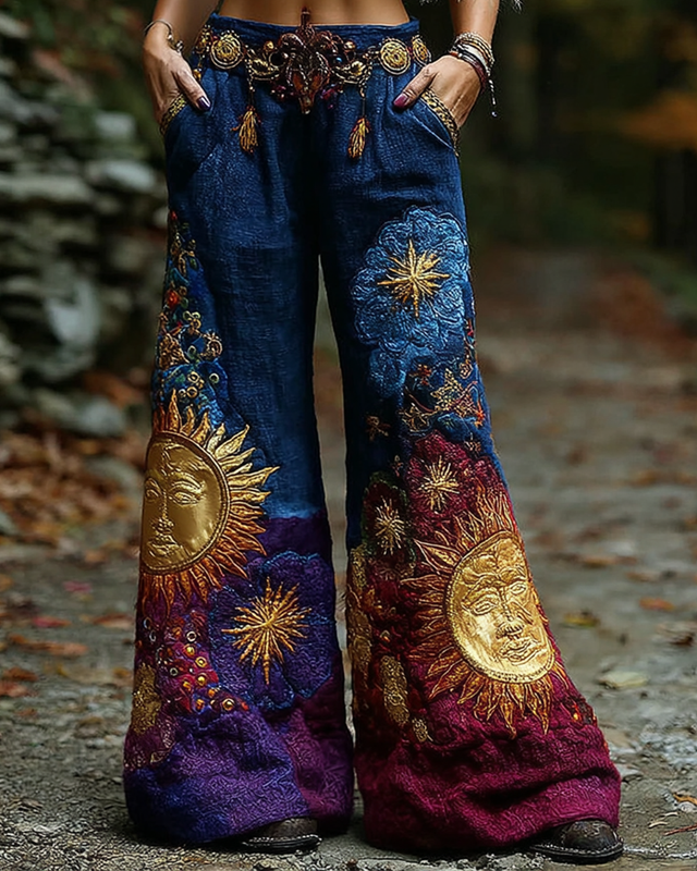 Women's star and moon embroidered gradient tie-dye trousers 360c