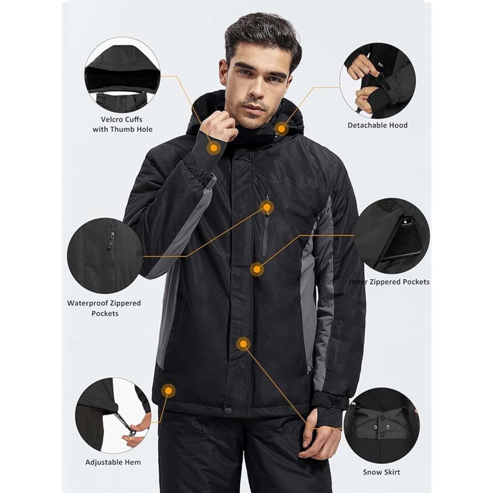 WHALE Men's Waterproof Warm Fleece Lined Ski Jacket
