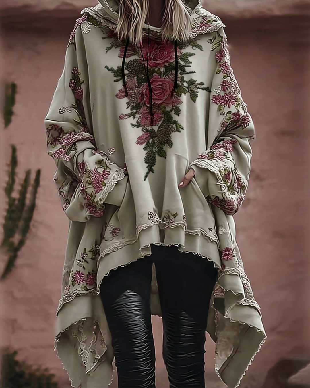 Women's floral embroidered irregular hem hooded sweatshirt 589e