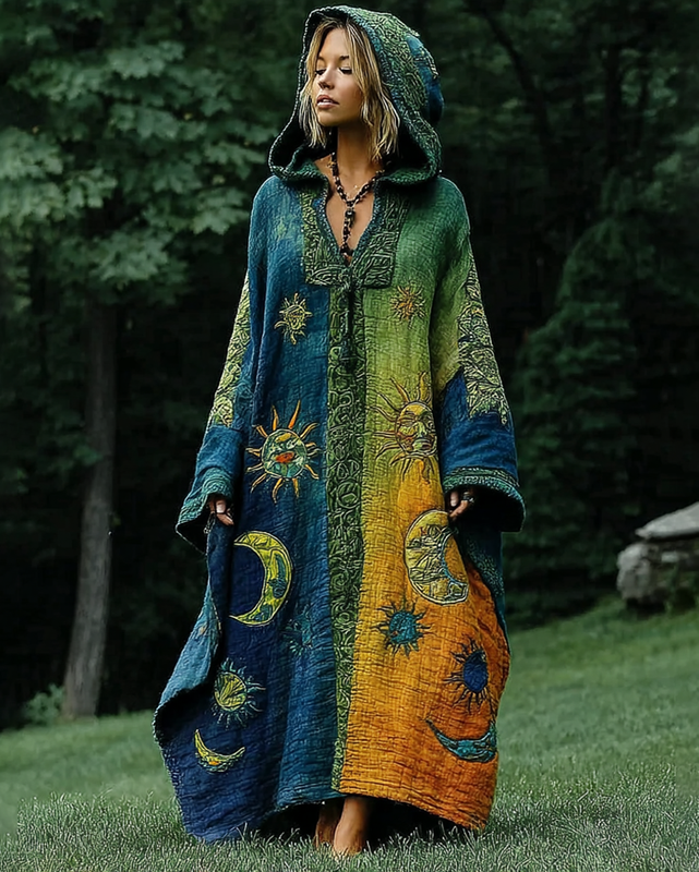 Women's star and moon embroidery contrast color stitching hooded kaftan f82d