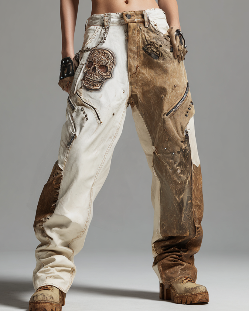 Women's skull embroidery contrast color stitching rivet leather pants 0241
