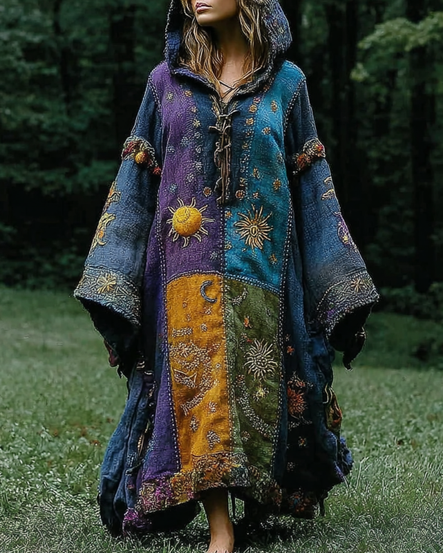 Women's star and moon embroidery contrast color stitching hooded kaftan df8a