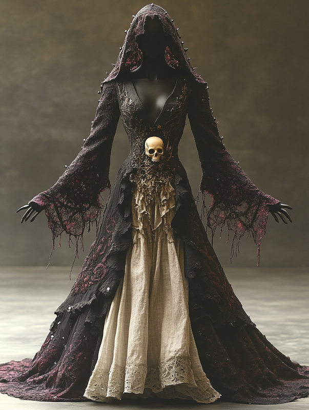 Halloween themed skull embroidered contrasting color paneled hooded dress ebed