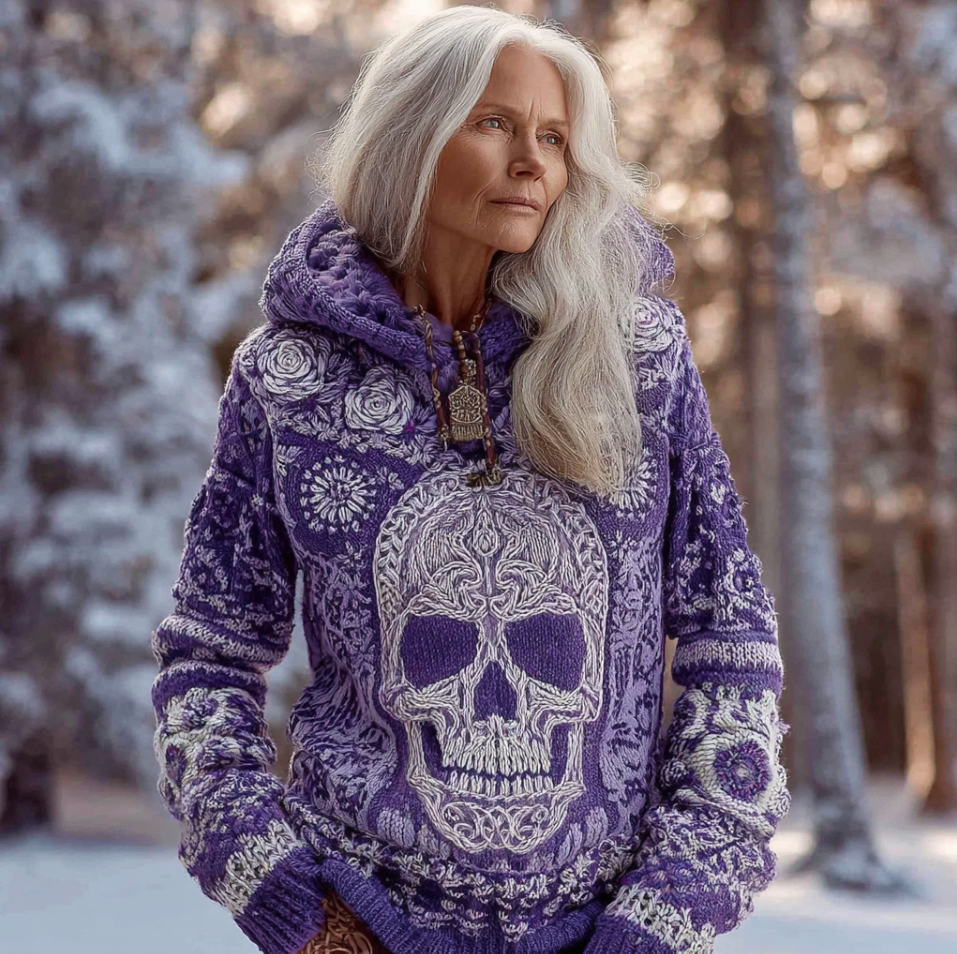 Halloween Skeleton Element Viking Style Women's Hooded Pullover Knit Sweater a27c
