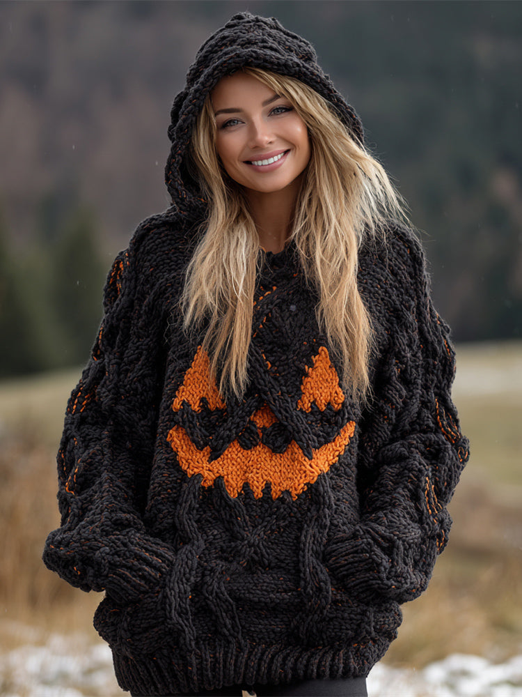 Halloween Pumpkin Face Women's Chunky Knit Hooded Sweater a903