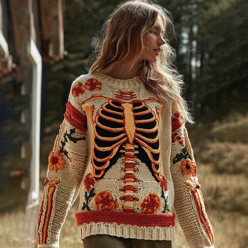 Vintage Halloween Anatomy With Floral Art Chunky Knitted Sweater 87f8