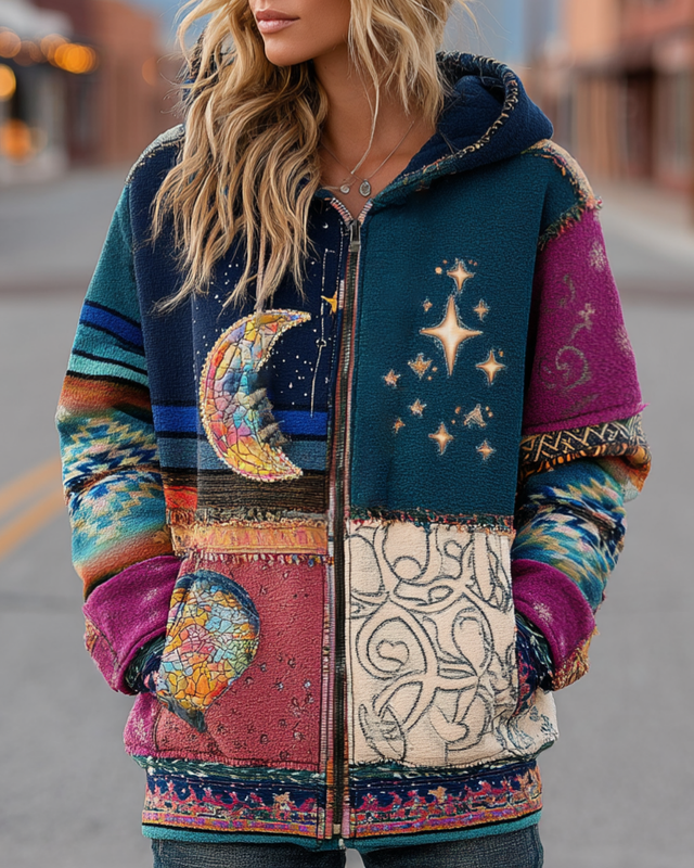 AUTUMN AND WINTER STAR AND MOON LONG-SLEEVED CONTRASTING COLOR HOODED JACKET 482f