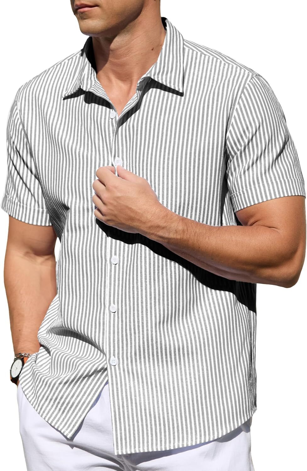 Men's Casual Button Down Shirts Short Sleeve Striped Cotton Beach Summer Vacation Shirt